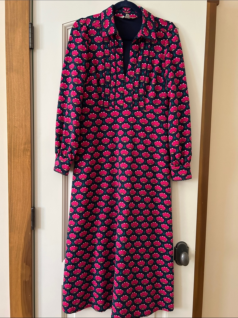 Boden Navy Long-Sleeve Dress with Pink Floral Medallions